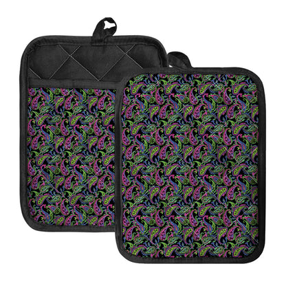Pink Blue And Green Paisley Print Pot Holders With Pocket
