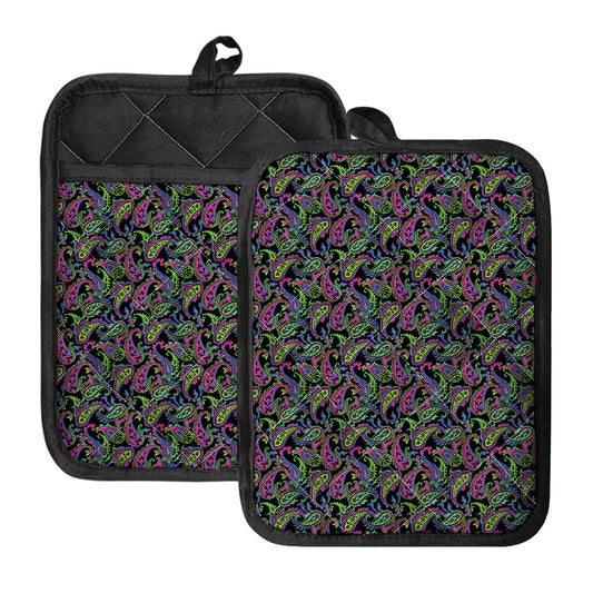 Pink Blue And Green Paisley Print Pot Holders With Pocket