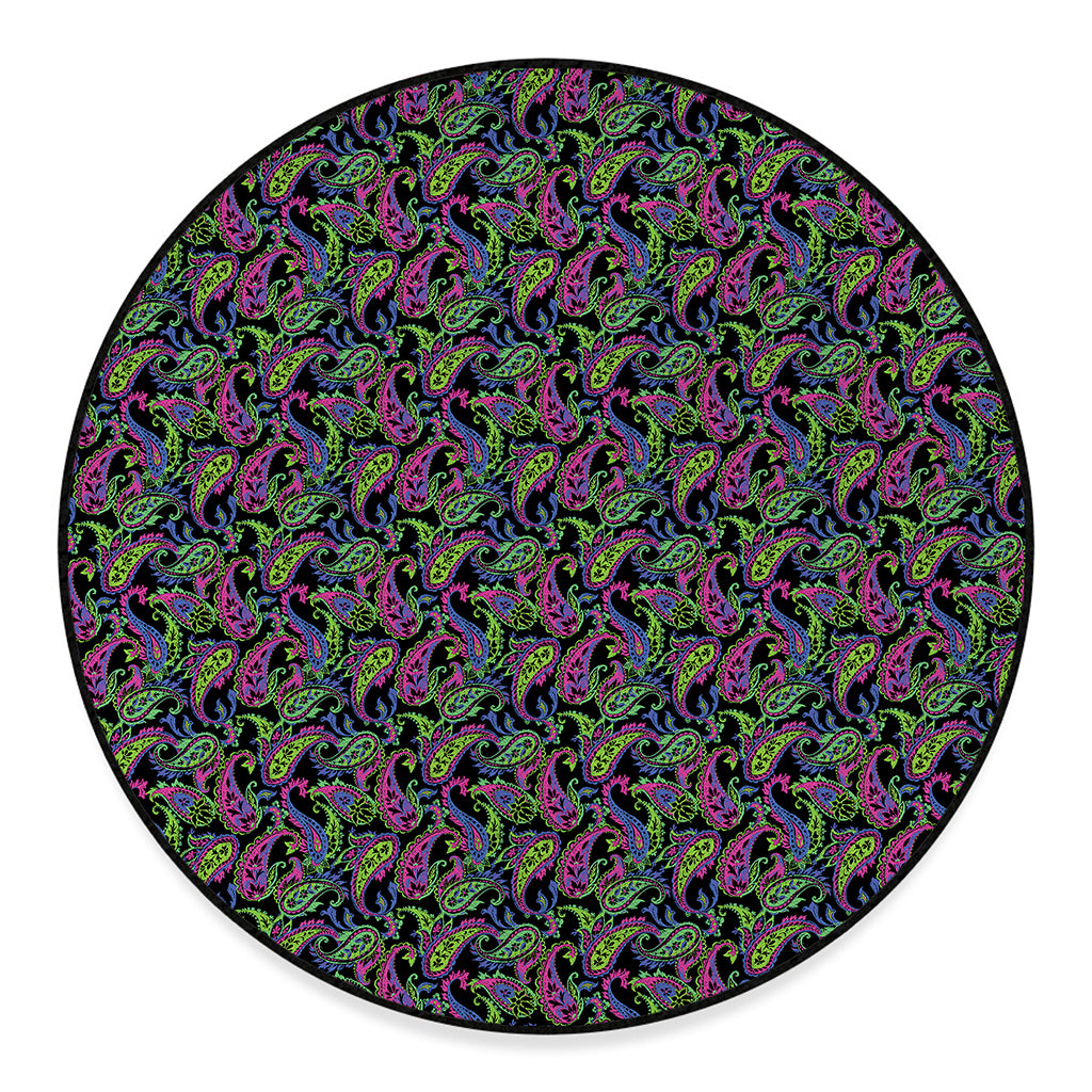Pink Blue And Green Paisley Print Round Floor Mat