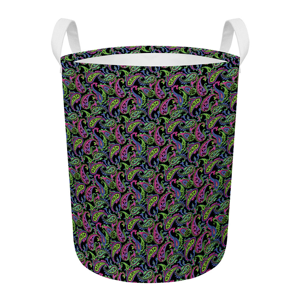 Pink Blue And Green Paisley Print Round Laundry Basket