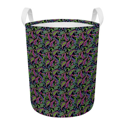 Pink Blue And Green Paisley Print Round Laundry Basket