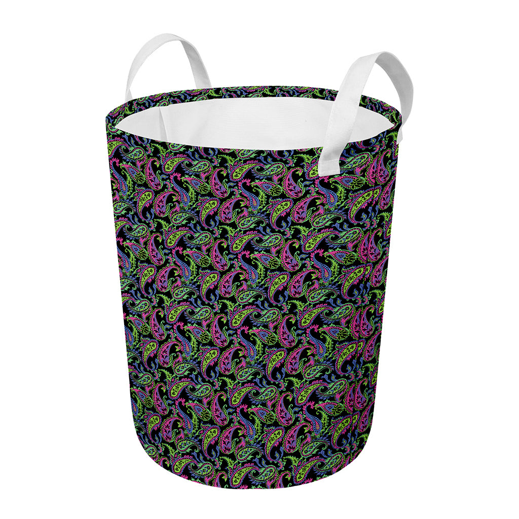 Pink Blue And Green Paisley Print Round Laundry Basket