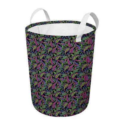 Pink Blue And Green Paisley Print Round Laundry Basket