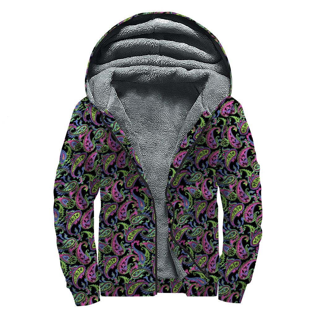 Pink Blue And Green Paisley Print Sherpa Lined Zip Up Hoodie