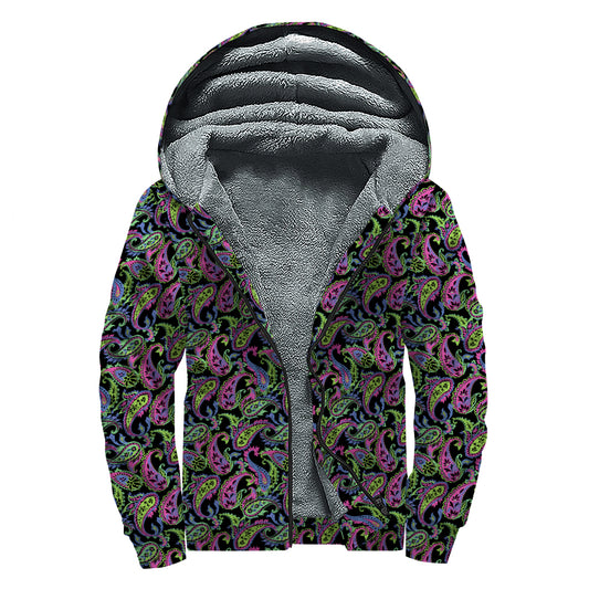 Pink Blue And Green Paisley Print Sherpa Lined Zip Up Hoodie