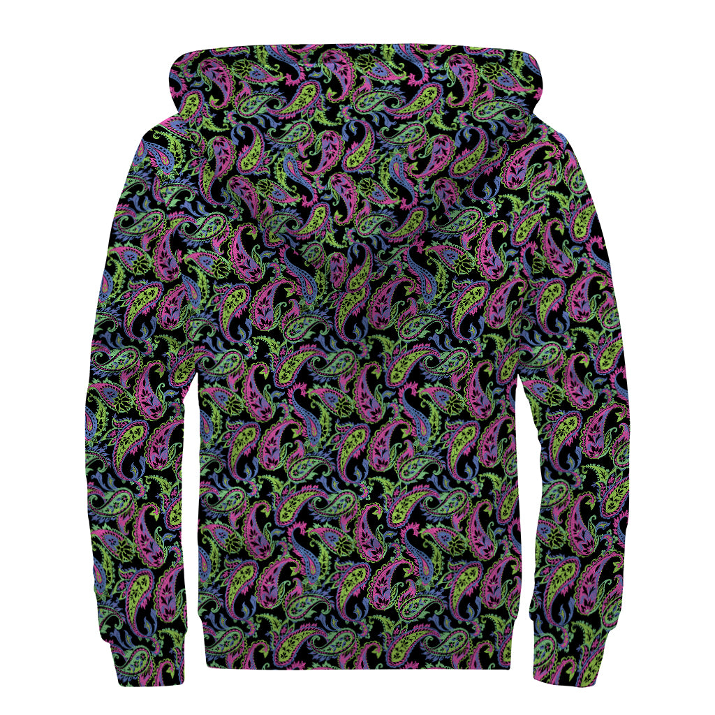 Pink Blue And Green Paisley Print Sherpa Lined Zip Up Hoodie