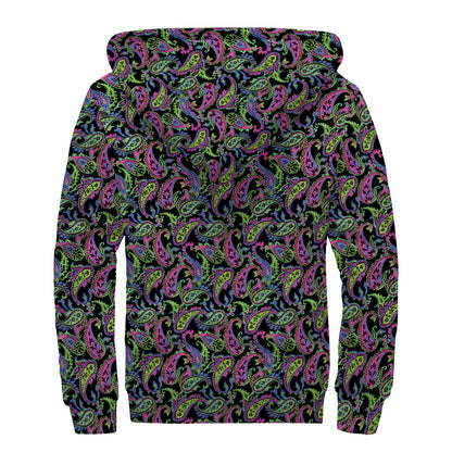 Pink Blue And Green Paisley Print Sherpa Lined Zip Up Hoodie