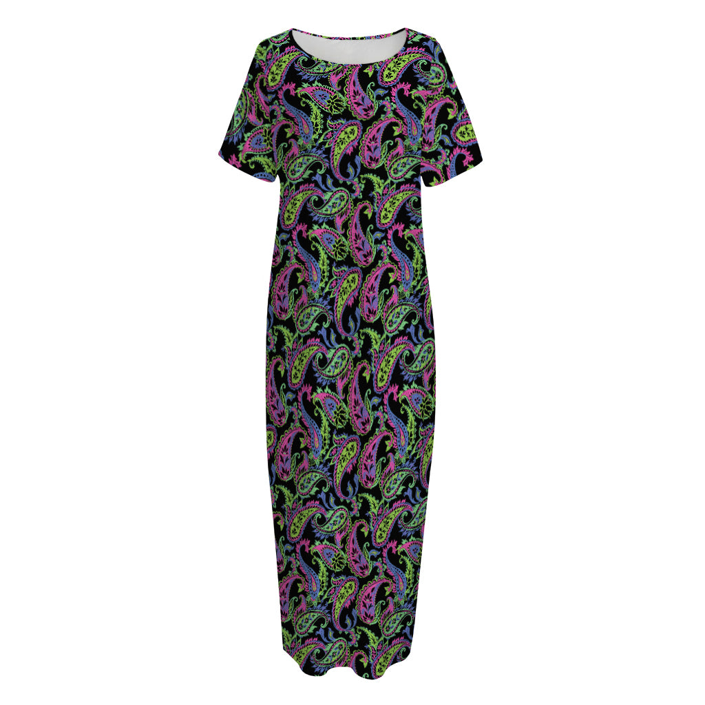 Pink Blue And Green Paisley Print Short Sleeve Long Nightdress