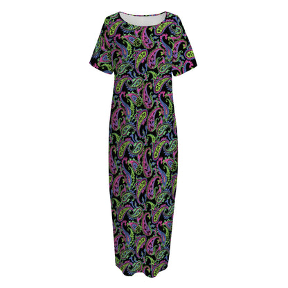 Pink Blue And Green Paisley Print Short Sleeve Long Nightdress