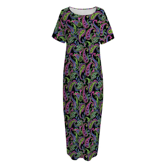 Pink Blue And Green Paisley Print Short Sleeve Long Nightdress