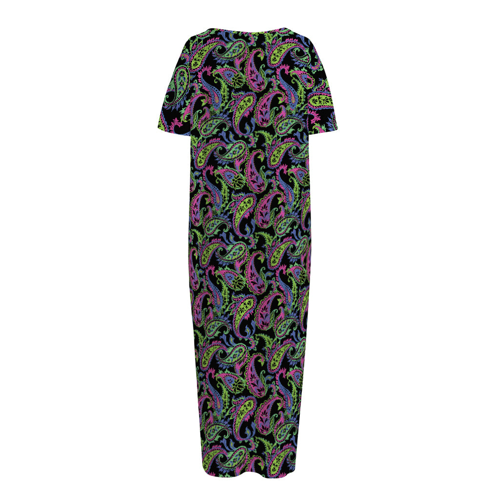 Pink Blue And Green Paisley Print Short Sleeve Long Nightdress