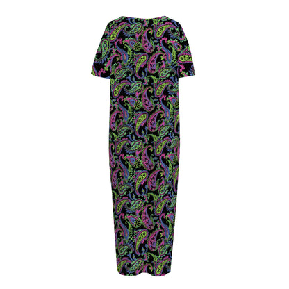 Pink Blue And Green Paisley Print Short Sleeve Long Nightdress