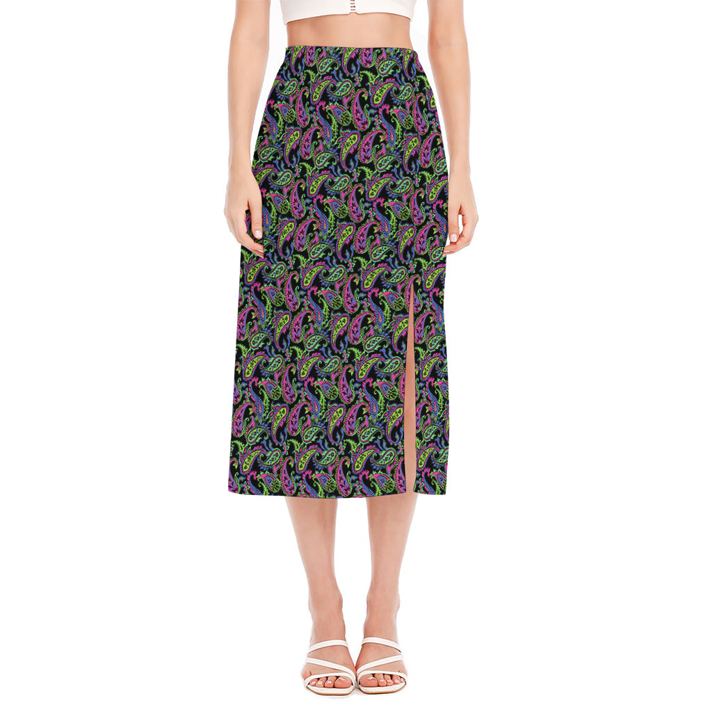 Pink Blue And Green Paisley Print Side Slit Midi Skirt