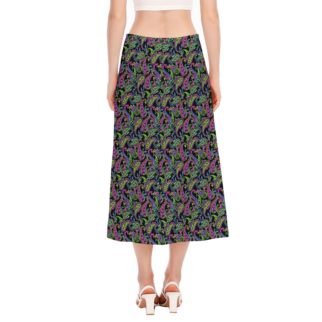 Pink Blue And Green Paisley Print Side Slit Midi Skirt