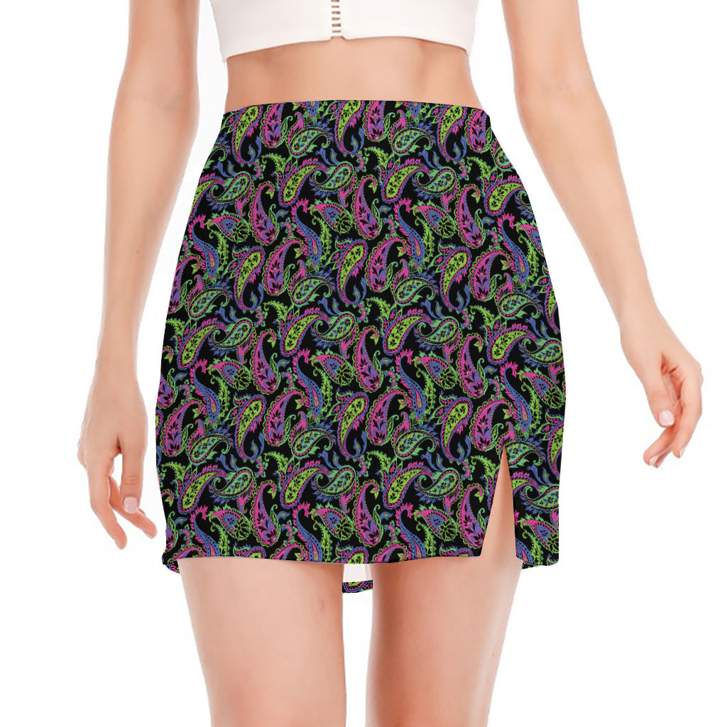 Pink Blue And Green Paisley Print Side Slit Mini Skirt