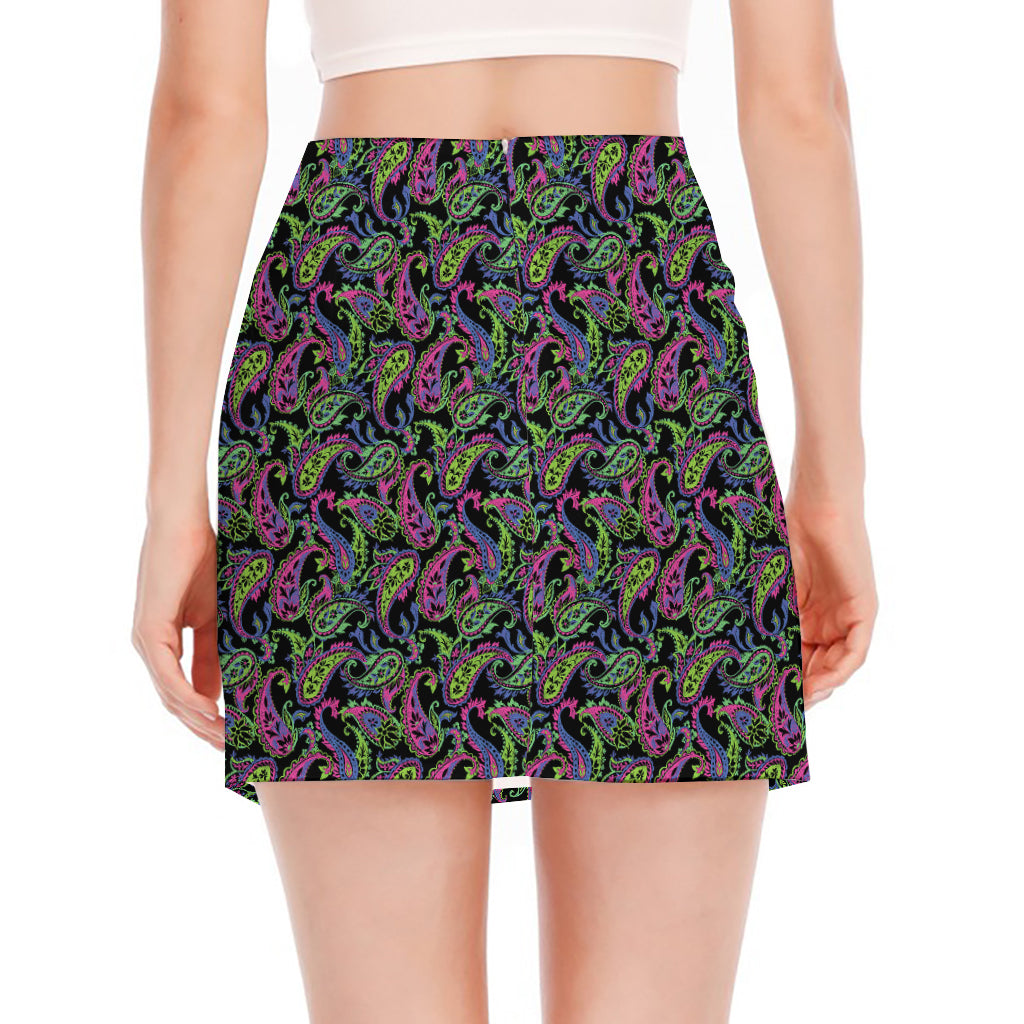 Pink Blue And Green Paisley Print Side Slit Mini Skirt