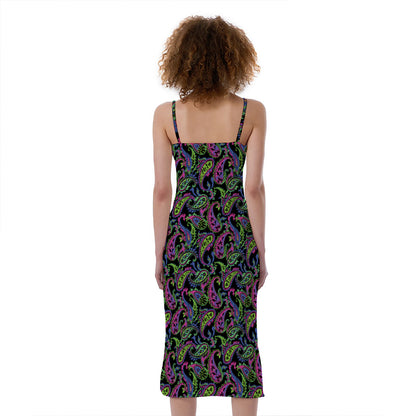 Pink Blue And Green Paisley Print Slim Fit Midi Cami Dress
