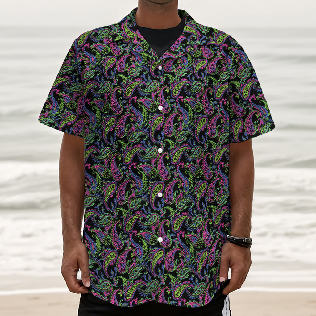 Pink Blue And Green Paisley Print Textured Short Sleeve Shirt