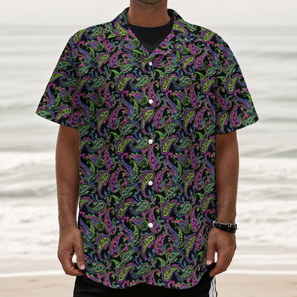 Pink Blue And Green Paisley Print Textured Short Sleeve Shirt