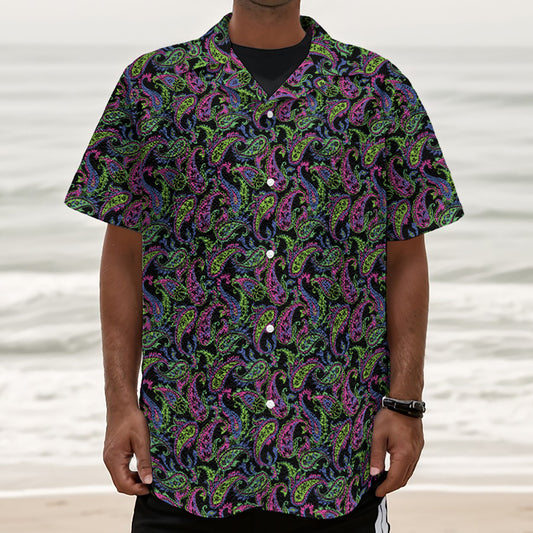 Pink Blue And Green Paisley Print Textured Short Sleeve Shirt