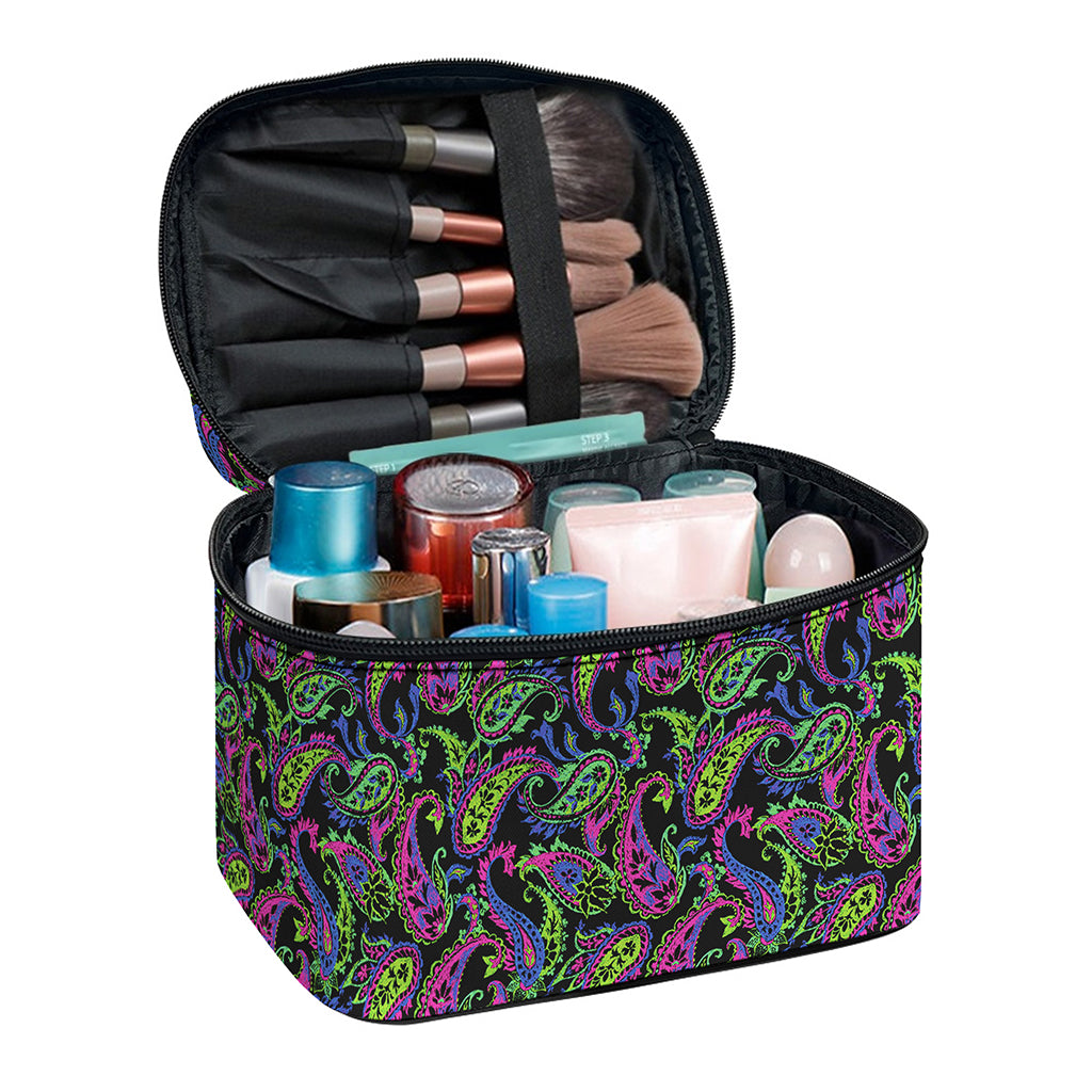 Pink Blue And Green Paisley Print Travel Makeup Bag