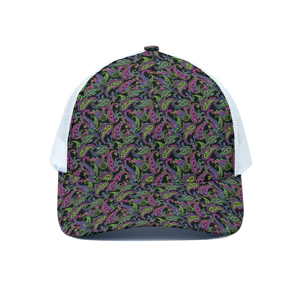 Pink Blue And Green Paisley Print White Mesh Trucker Cap