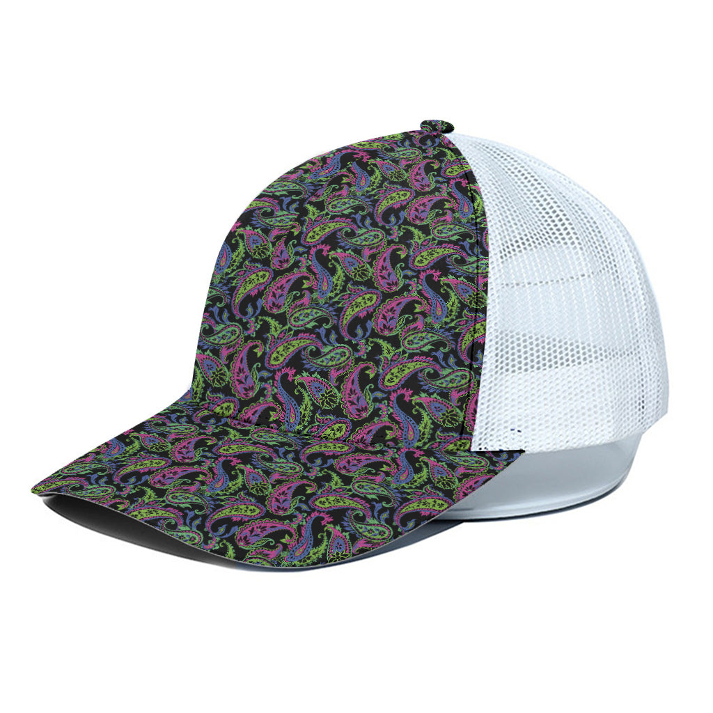 Pink Blue And Green Paisley Print White Mesh Trucker Cap