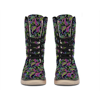 Pink Blue And Green Paisley Print Winter Boots
