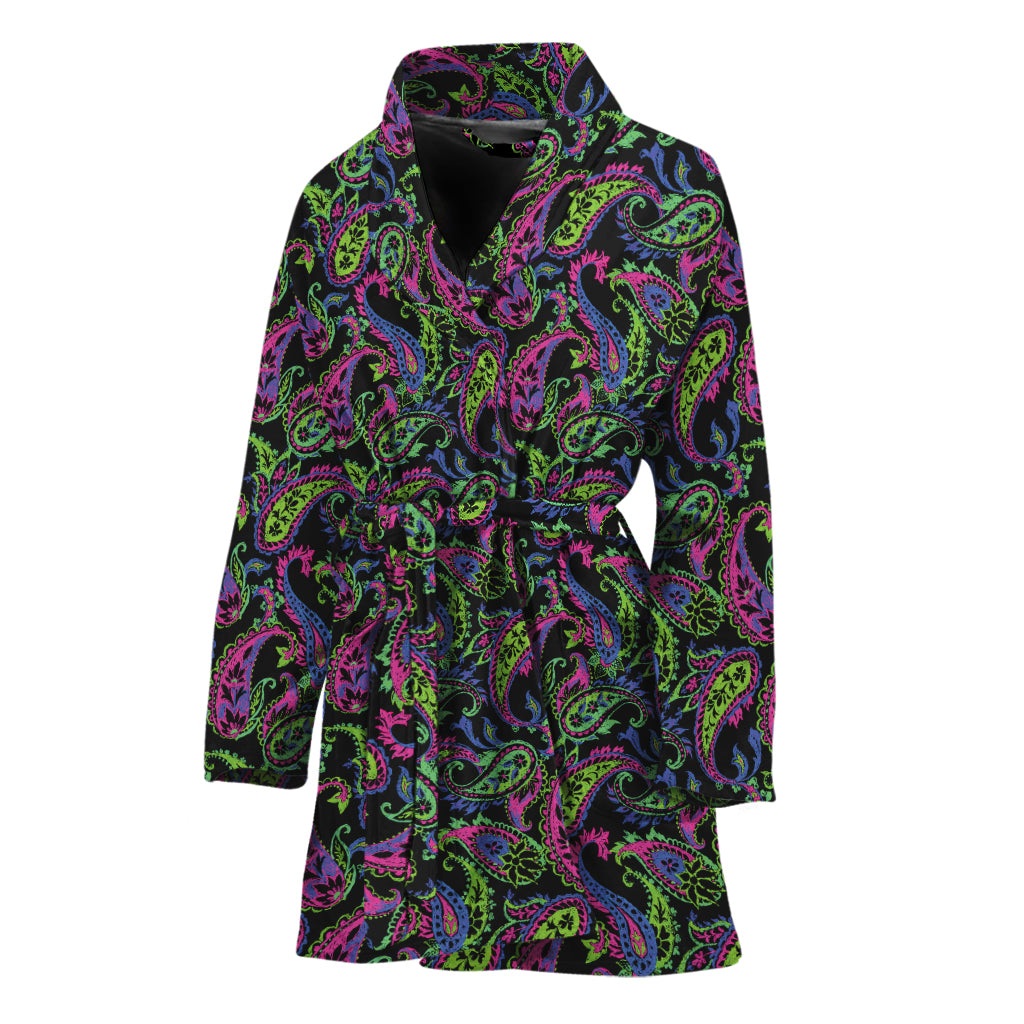 Pink Blue And Green Paisley Print Women's Bathrobe