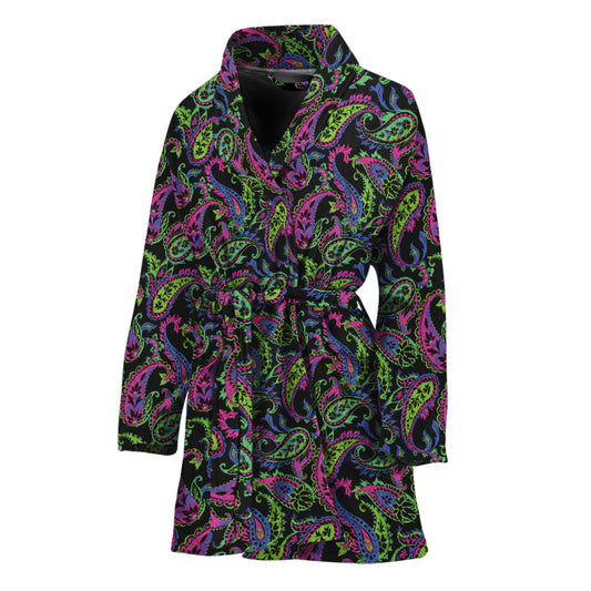 Pink Blue And Green Paisley Print Women's Bathrobe