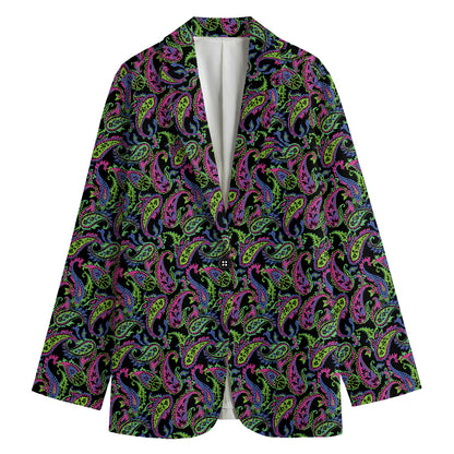 Pink Blue And Green Paisley Print Women's Cotton Blazer