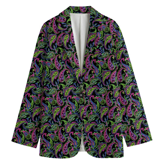 Pink Blue And Green Paisley Print Women's Cotton Blazer