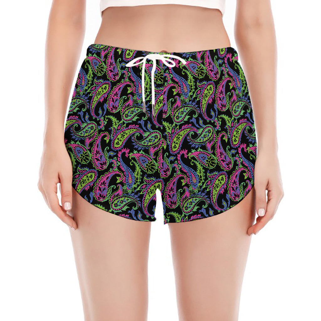 Pink Blue And Green Paisley Print Women's Split Running Shorts
