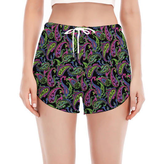 Pink Blue And Green Paisley Print Women's Split Running Shorts