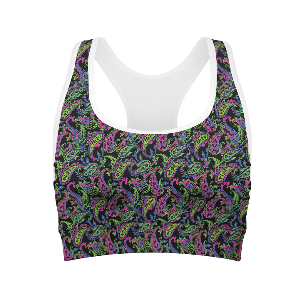 Pink Blue And Green Paisley Print Women's Sports Bra