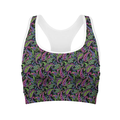 Pink Blue And Green Paisley Print Women's Sports Bra