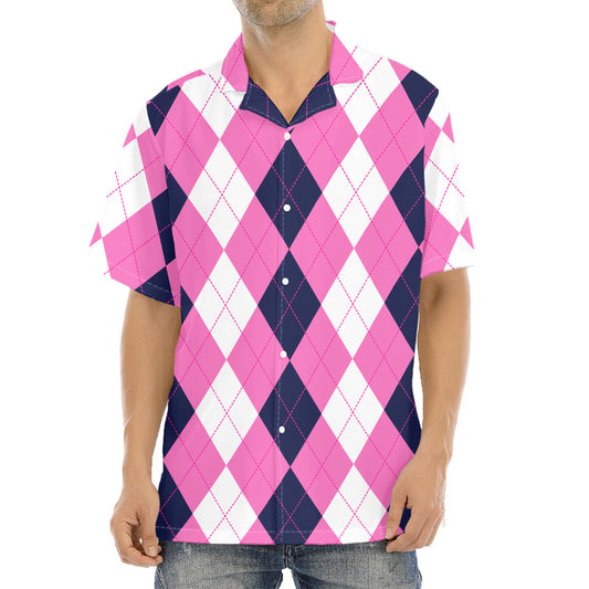 Pink Blue And White Argyle Pattern Print Aloha Shirt