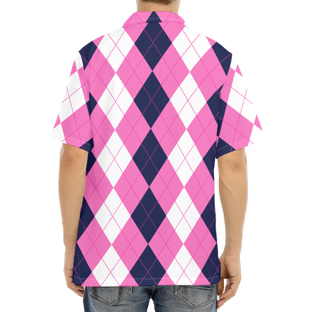 Pink Blue And White Argyle Pattern Print Aloha Shirt