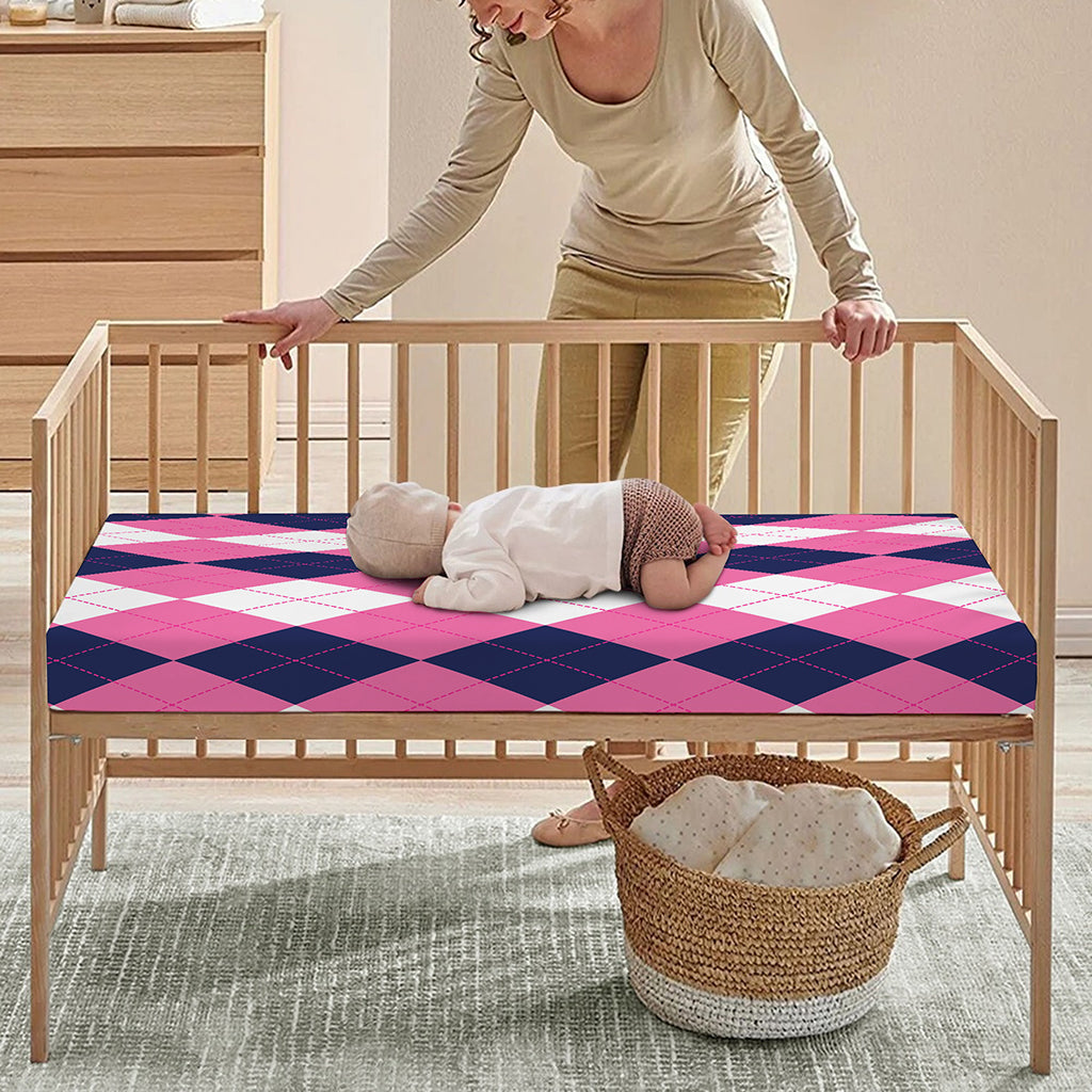 Pink Blue And White Argyle Pattern Print Baby Crib Sheet