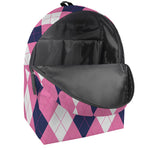 Pink Blue And White Argyle Pattern Print Backpack