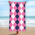 Pink Blue And White Argyle Pattern Print Beach Towel