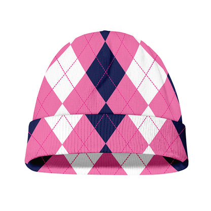 Pink Blue And White Argyle Pattern Print Beanie
