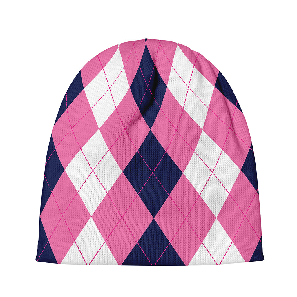 Pink Blue And White Argyle Pattern Print Beanie