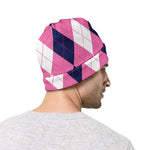 Pink Blue And White Argyle Pattern Print Beanie