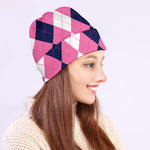 Pink Blue And White Argyle Pattern Print Beanie