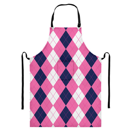 Pink Blue And White Argyle Pattern Print Bib Apron With Pocket