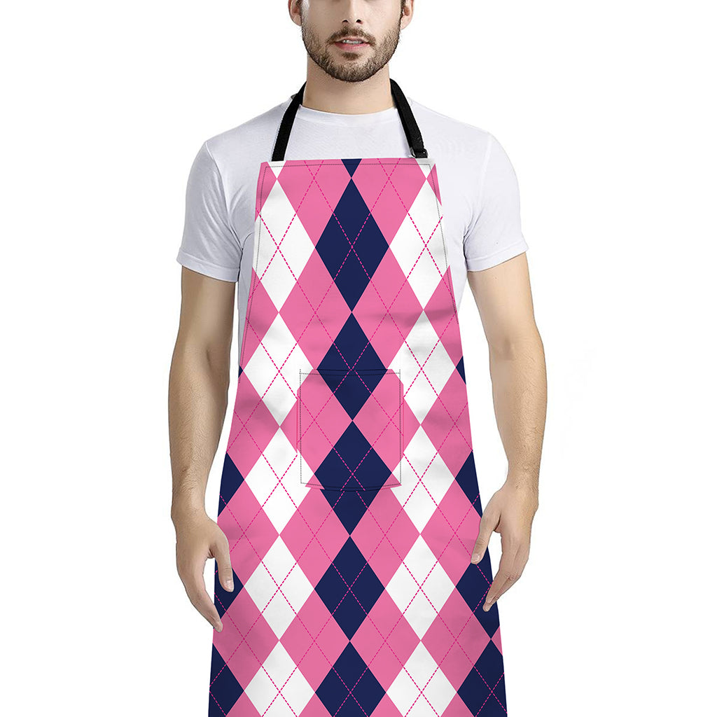 Pink Blue And White Argyle Pattern Print Bib Apron With Pocket