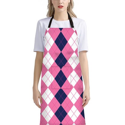 Pink Blue And White Argyle Pattern Print Bib Apron With Pocket