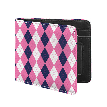 Pink Blue And White Argyle Pattern Print Bifold Wallet