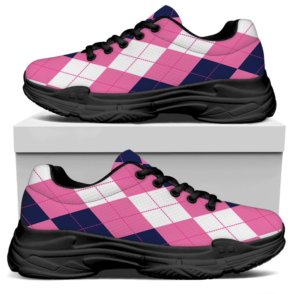Pink Blue And White Argyle Pattern Print Black Chunky Shoes
